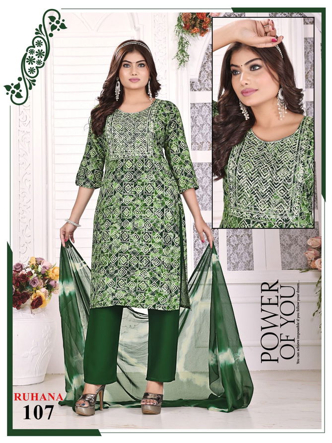 Ruhana Vol 2 By Fashion Talk Rayon Procaine Printed Kurti With Bottom Dupatta Wholesale Online
